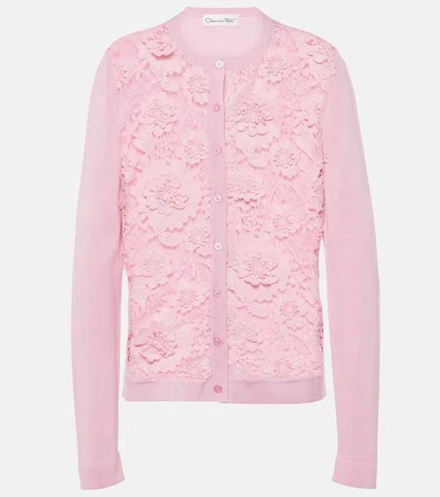 OSCAR DE LA RENTA Lace-panels Silk-blend Cardigan In Soft Pink Product Image