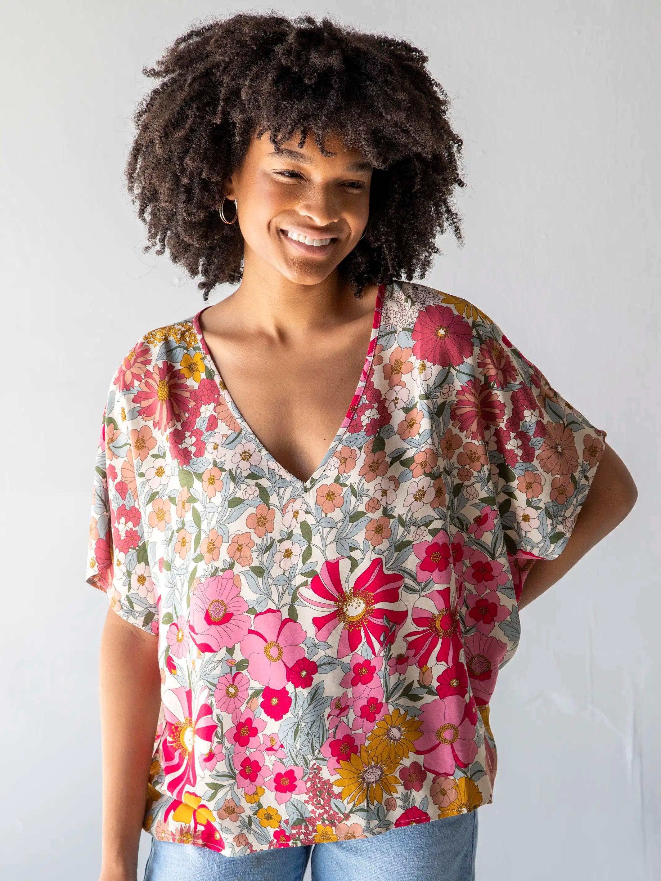 Easy V-Neck Top - Pink Mustard Floral Product Image