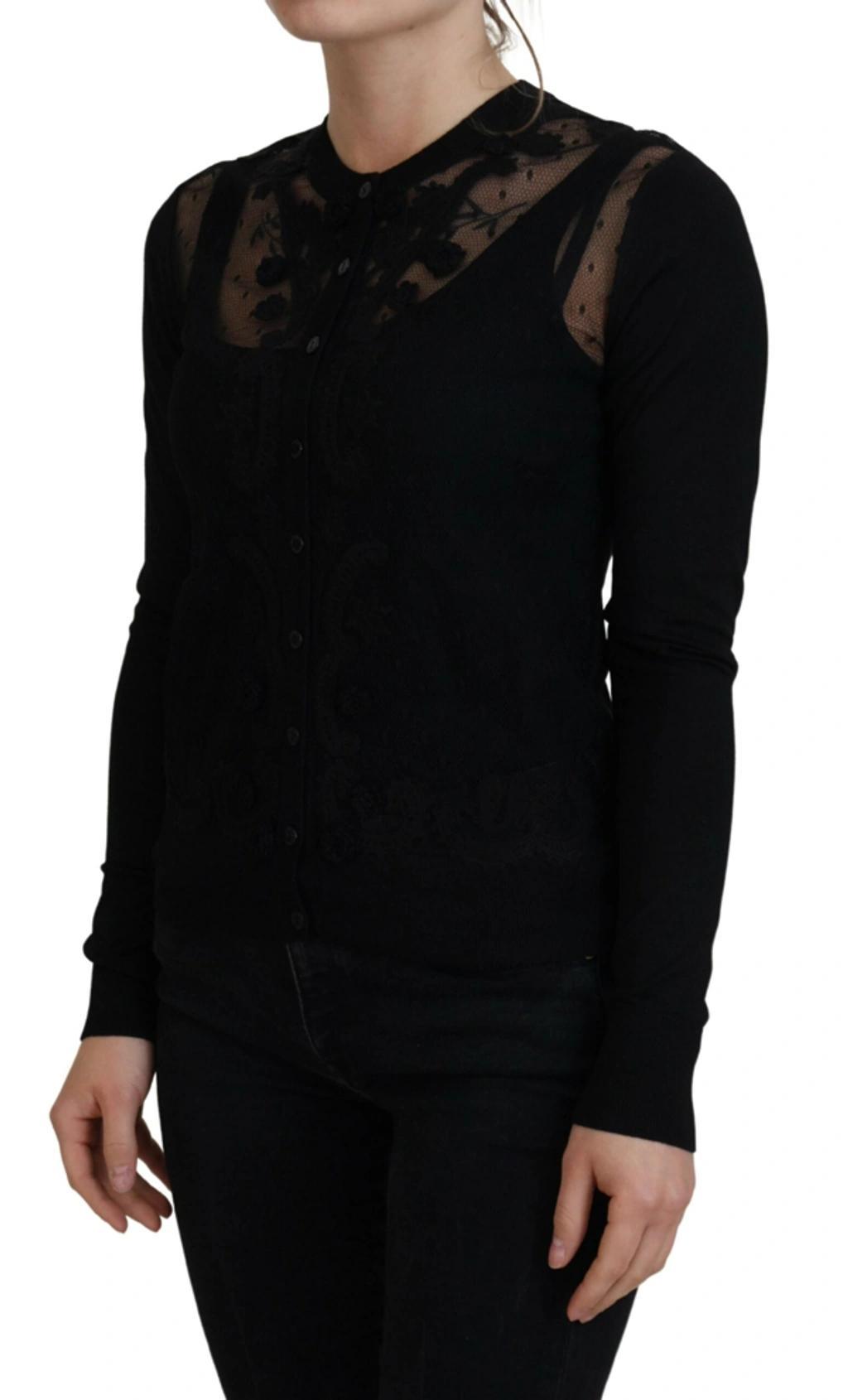 Black Floral Lace Button Cardigan Sweater Product Image