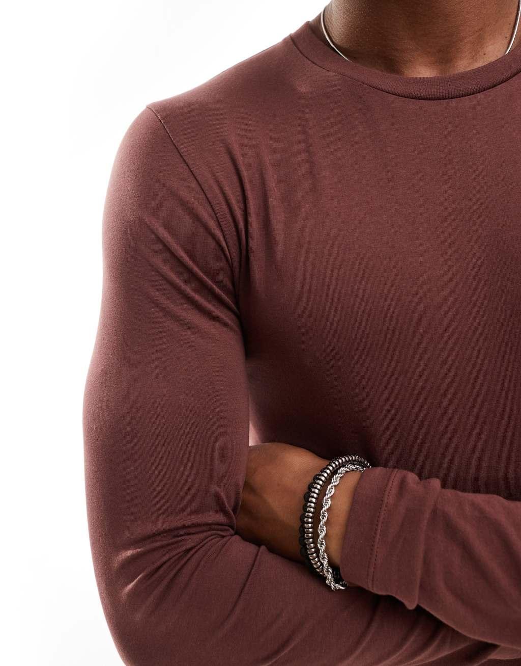 ASOS DESIGN essential muscle fit long sleeve T-shirt in brown Product Image