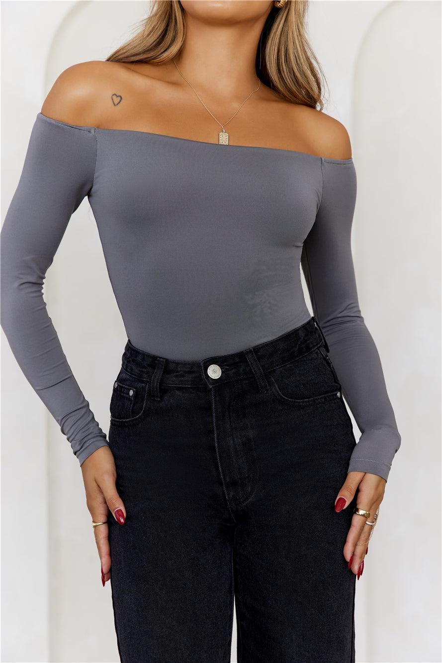 HELLO MOLLY BASE Flawless Off Shoulder Long Sleeve Top Charcoal Product Image