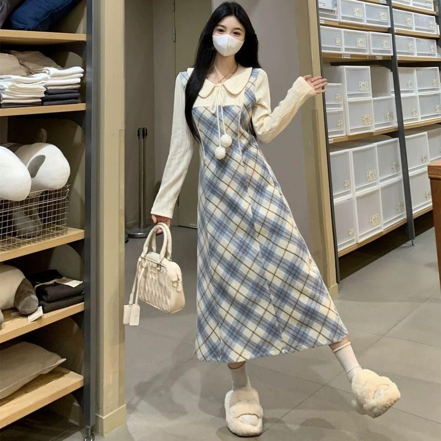 Mock Two-Piece Puff-Sleeve Plaid Bobble Midi A-Line Dress Product Image