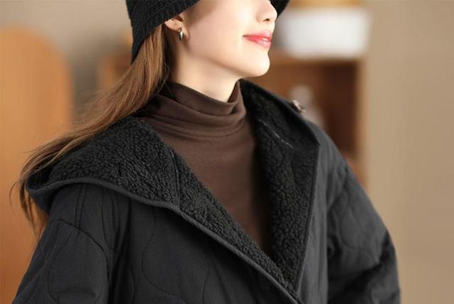 Plain Hooded Quilted Fleece-Lined Button-Up Jacket Product Image