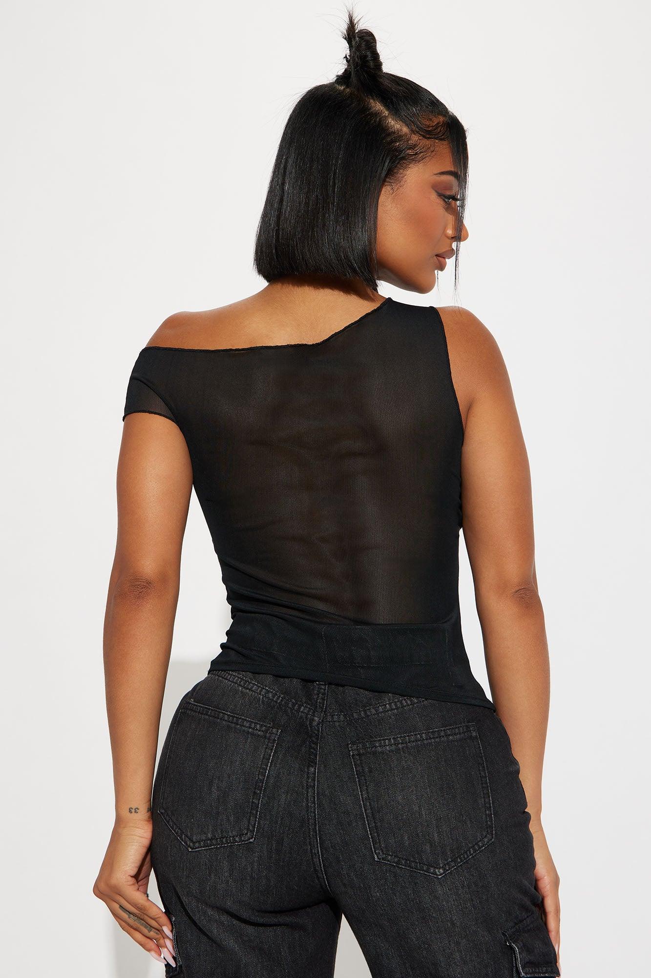 Made You Look One Shoulder Mesh Top - Black Product Image