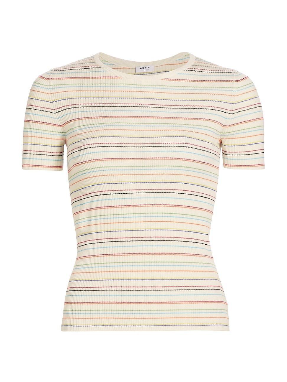 Womens Striped Rib-Knit Short-Sleeve T-Shirt Product Image