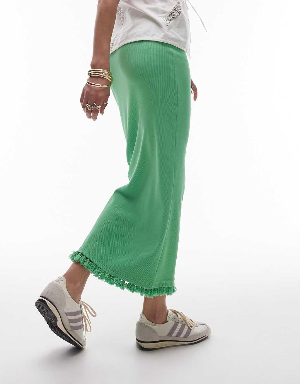 Topshop tassel hem midi skirt in green Product Image