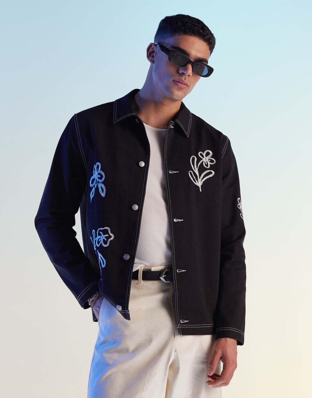 ASOS DESIGN worker jacket with floral embroidery in black Product Image