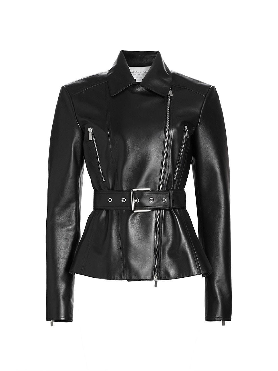 Womens Leather Belted Moto Jacket Product Image