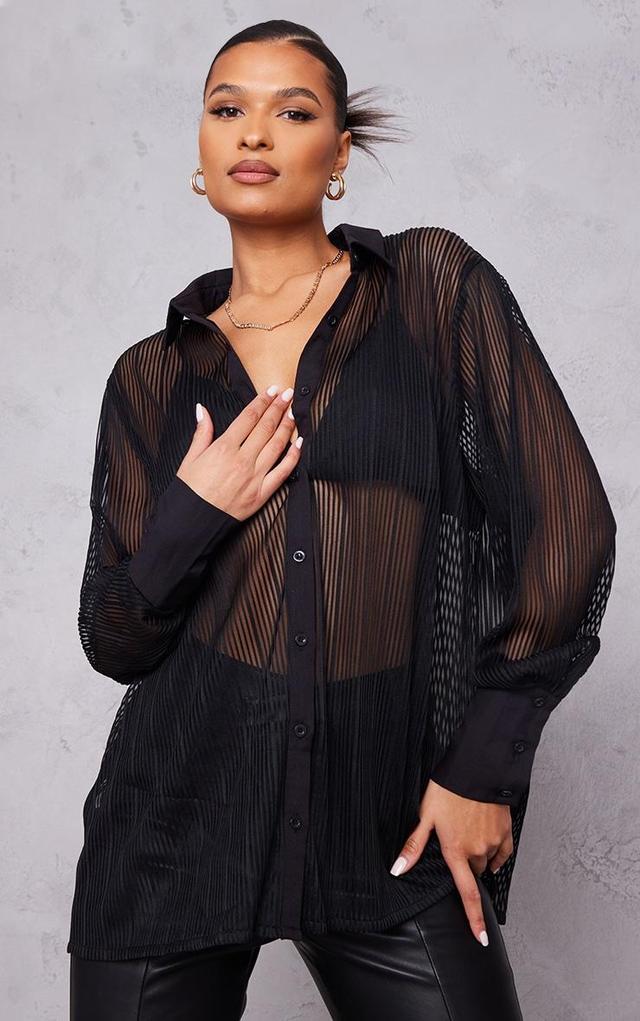 Black Textured Chiffon Bralet Detail Oversized Shirt Product Image