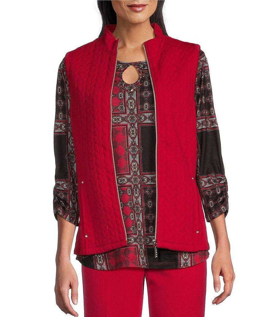 Allison Daley Sleeveless Full Zip Up Embellished Cable Knit Quilted Vest Product Image