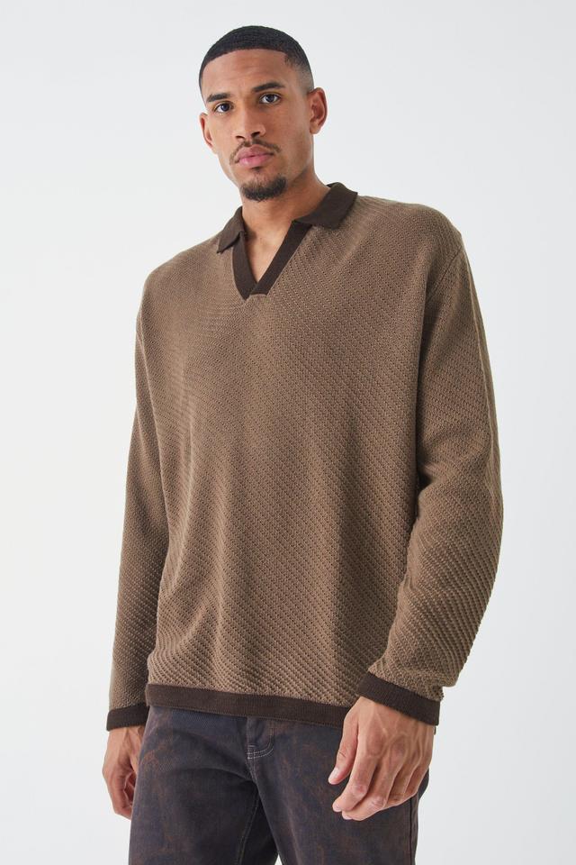 Tall Long Sleeved Oversized Contrast Collar Knitted Polo | boohooMAN USA Product Image