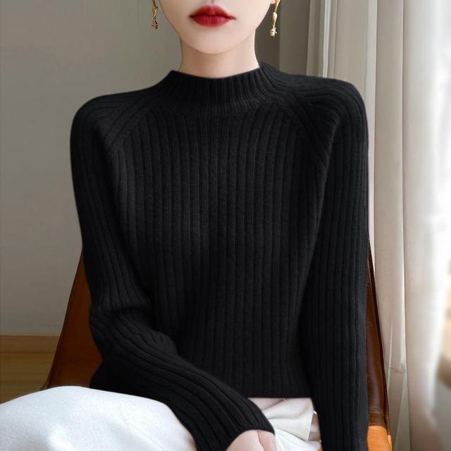 Long-Sleeve Mock Neck Ribbed Knit Top Product Image