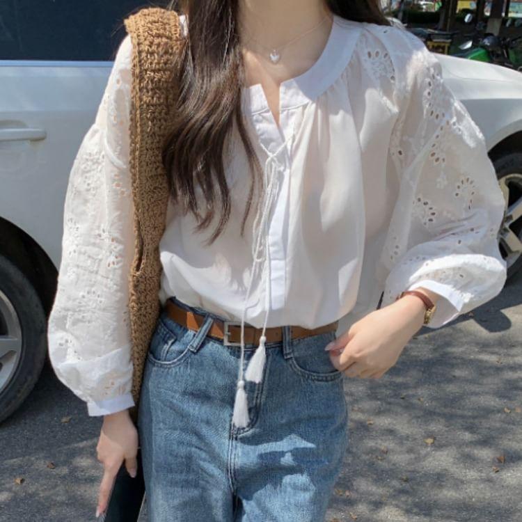 Puff-Sleeve Plain Tasseled Eyelet Lace Blouse Product Image