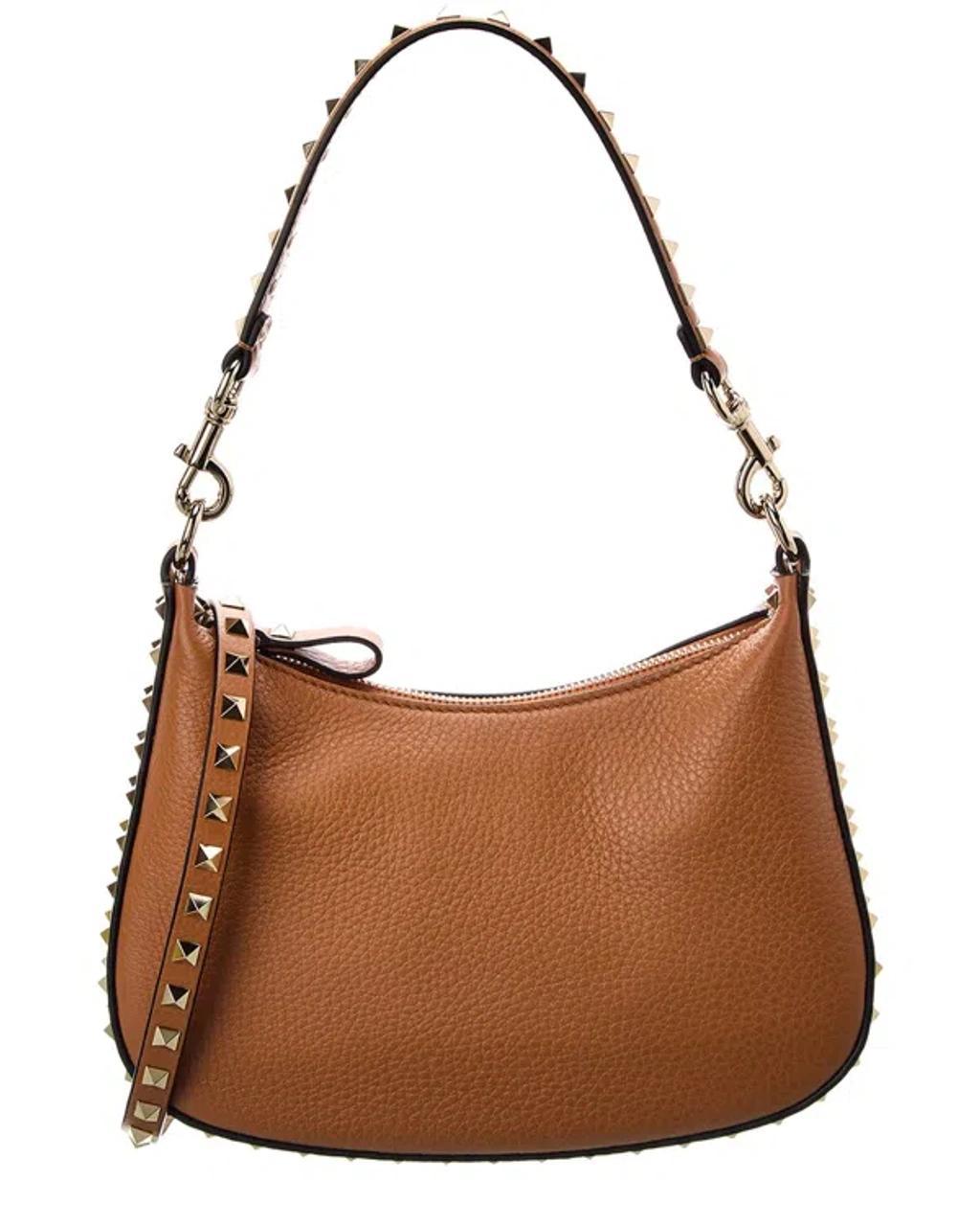 Valentino Rockstud Small Grainy Leather Hobo Bag In Beige Product Image