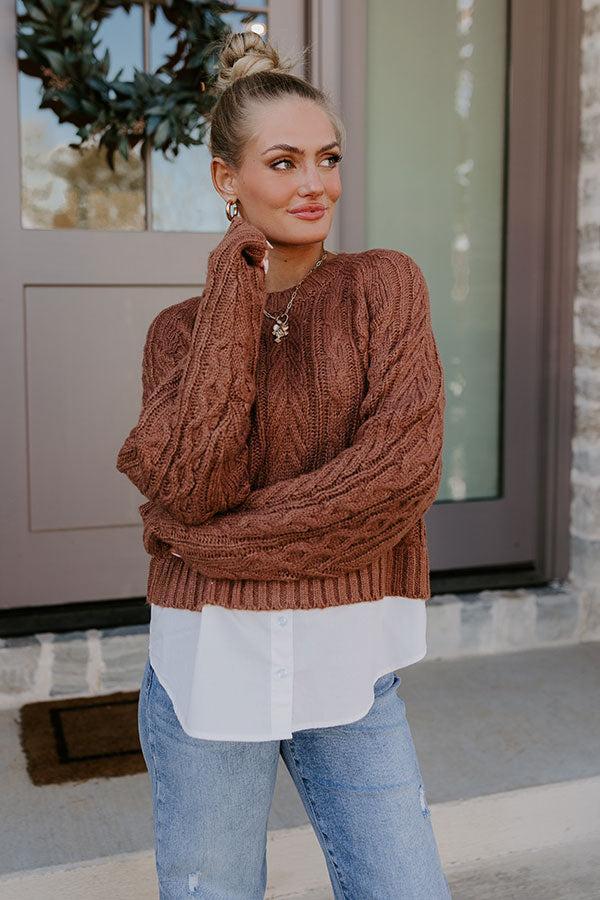 Thriving Weekend Cable Knit Sweater Top In Brown Product Image