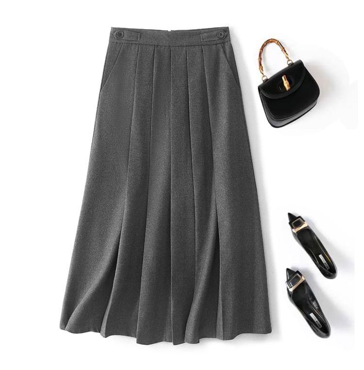 High Waist Plain Maxi A-Line Pleated Skirt Product Image