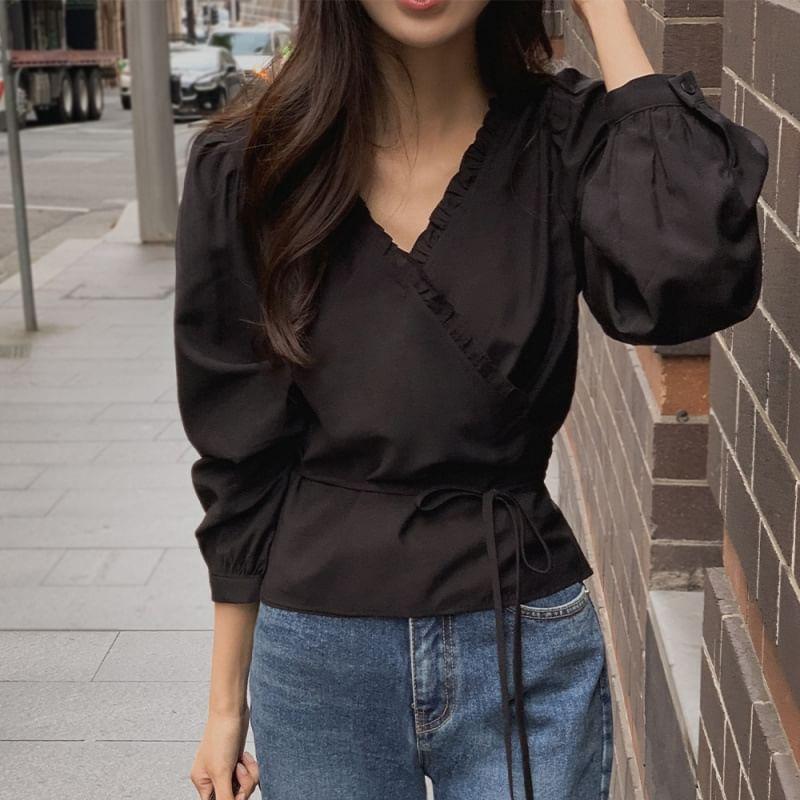 Puff Sleeve V-Neck Plain Ruffled-Trim Loose-Fit Blouse Product Image