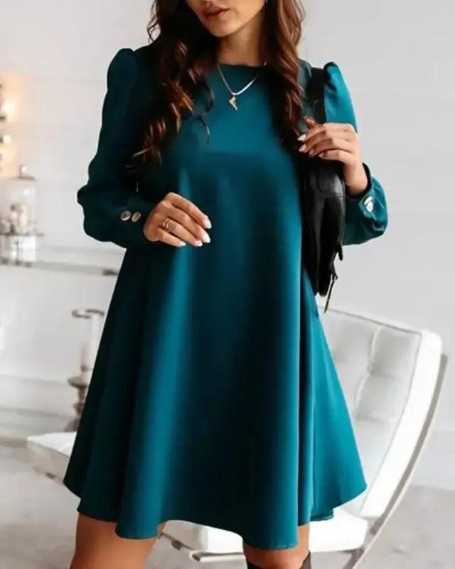 Olivia Mark – Lantern Sleeve Puff Button Button Flare Casual Dress Product Image