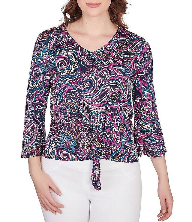 Ruby Rd. Puff Brocade Print Knit V-Neck 3/4 Flare Sleeve Tie-Front Top Product Image