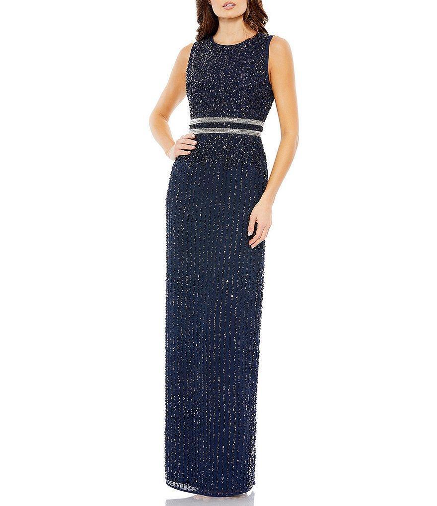 Mac Duggal Sequin Sleeveless High Crew Neck Back Slit Sheath Gown Product Image