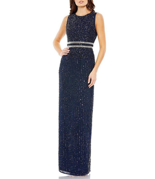 Mac Duggal Sequin Sleeveless High Crew Neck Back Slit Sheath Gown Product Image