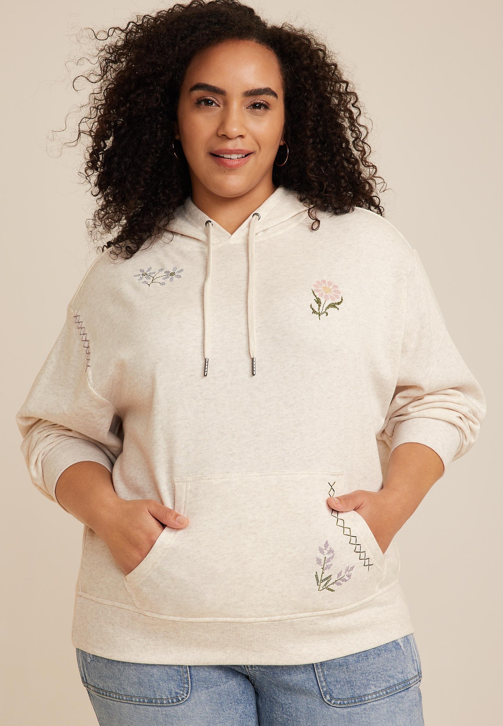 Maurices Plus Size Womens Floral Embroidered Hoodie Gray Size 1X Product Image