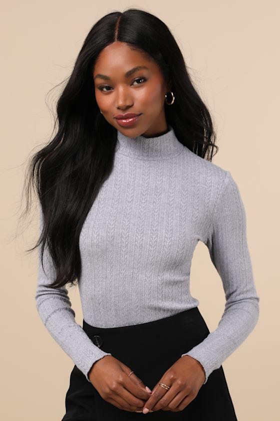 Idyllic Option Light Grey Pointelle Knit Mock Neck Sweater Top Product Image