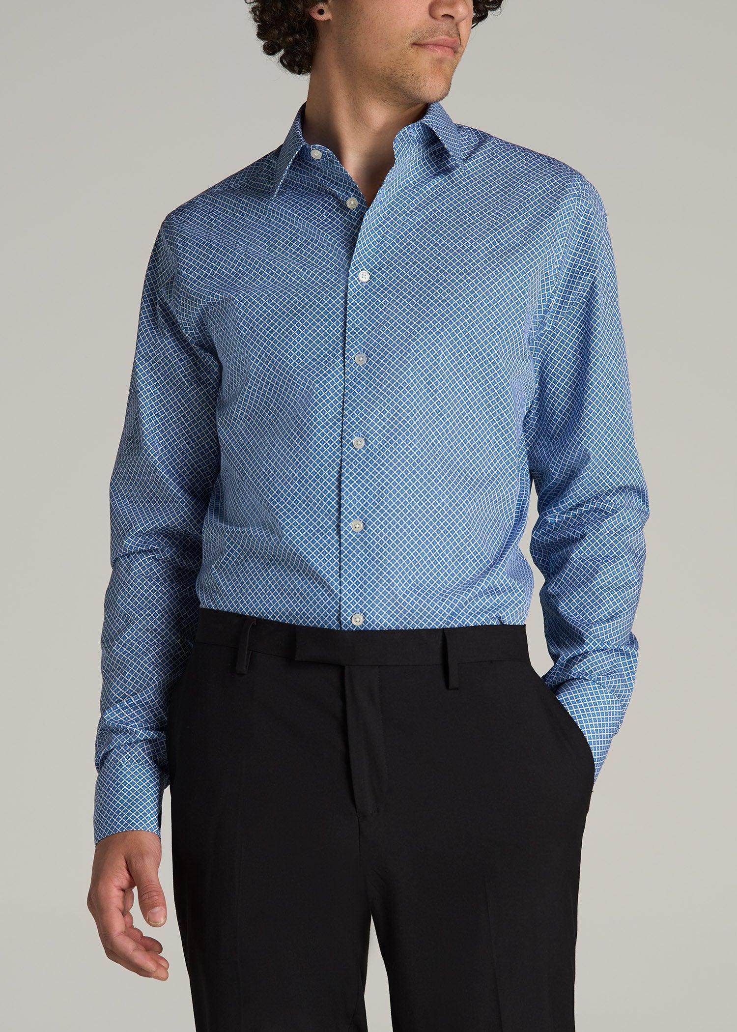 Premium Dress Shirt for Tall Men in Blue Geometric Product Image