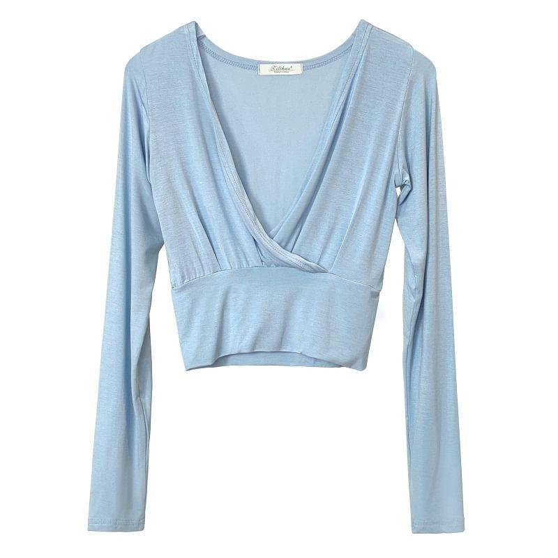 Long-Sleeve V-Neck Plunge Plain Slim Fit Crop Tee Product Image