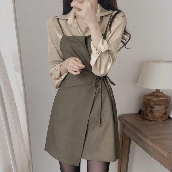 Long-Sleeve Plain Shirt / Spaghetti Strap Asymmetrical Mini A-Line Dress Product Image