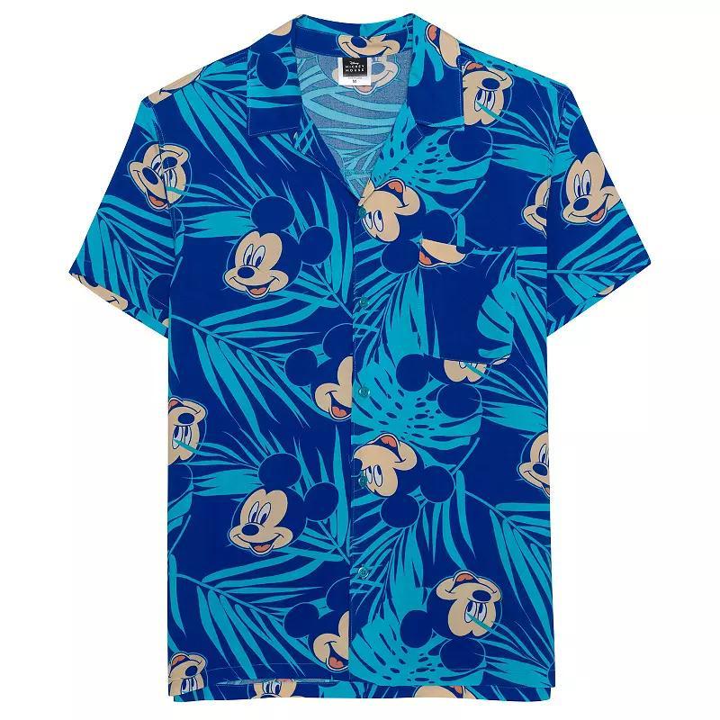 Disneys Mickey Mouse Mens Tropical Allover Print Woven Short Sleeve Button-Down Shirt Product Image