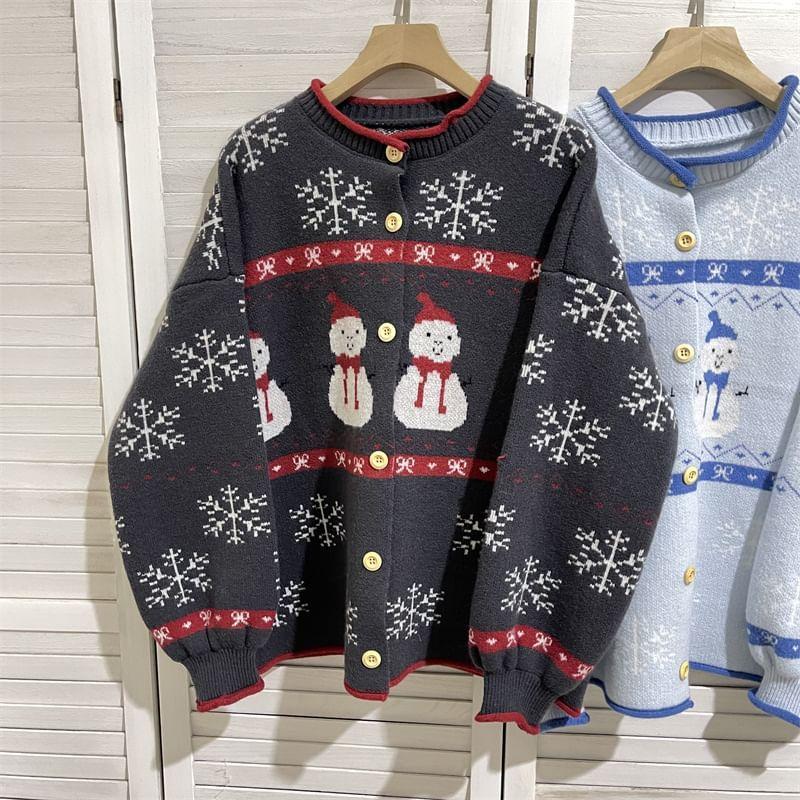 Round Neck Snowman Pattern Button Cardigan Product Image