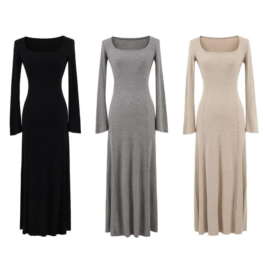 Long-Sleeve Square-Neck Plain Midi Knit Dress (Various Designs) Product Image