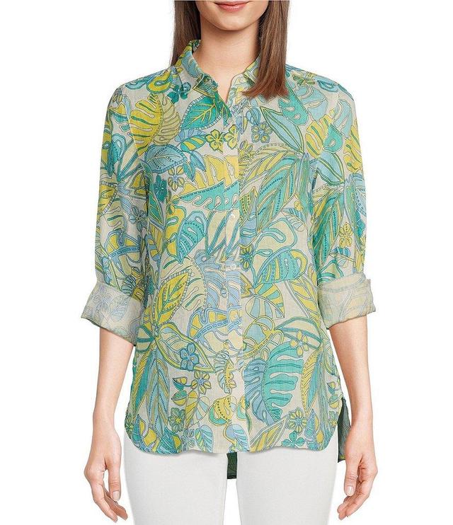 J.McLaughlin Britt Linen Tropical Print Point Collar Long Roll Sleeve Button Front Blouse Product Image