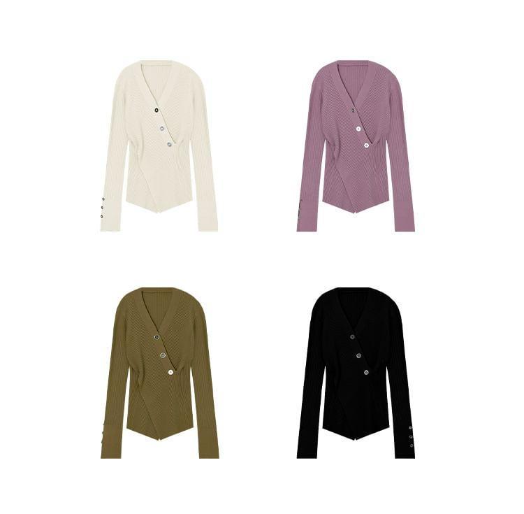 Long-Sleeve V-Neck Plain Criss Cross Buttoned Slim Fit Knit Top Product Image