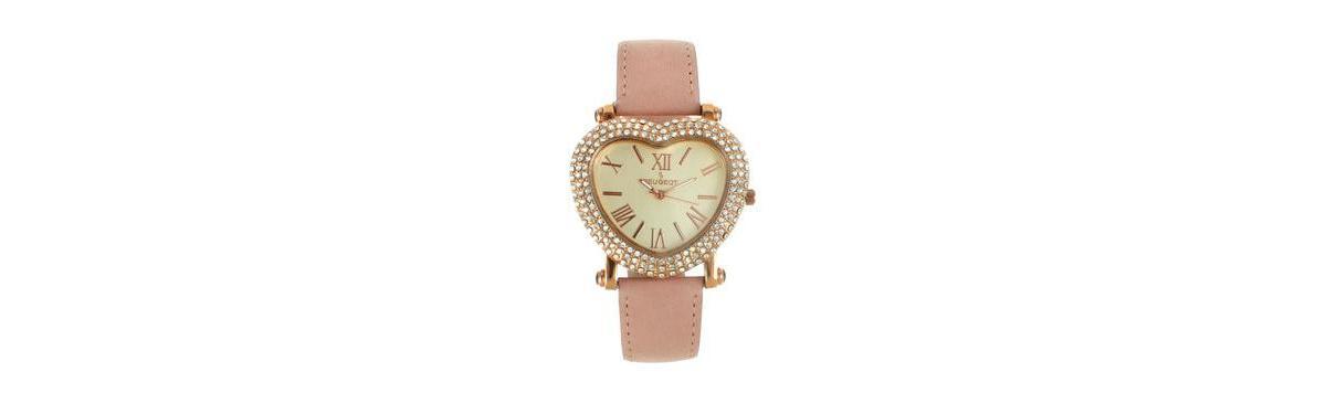 Peugeot Womens Heart Shaped Rose Gold Crystal Watch Suede Strap - Pink Product Image