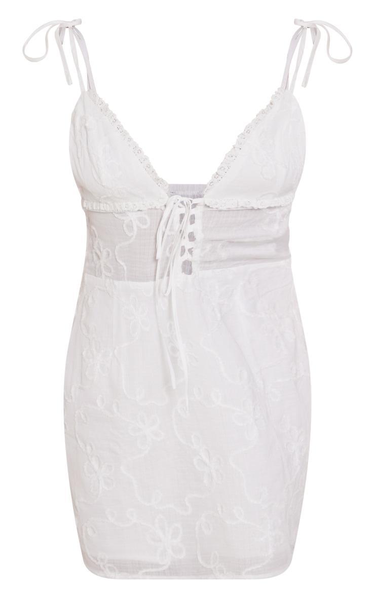 White Floral Soft Textured Lace Up Plunge Shift Dress Product Image