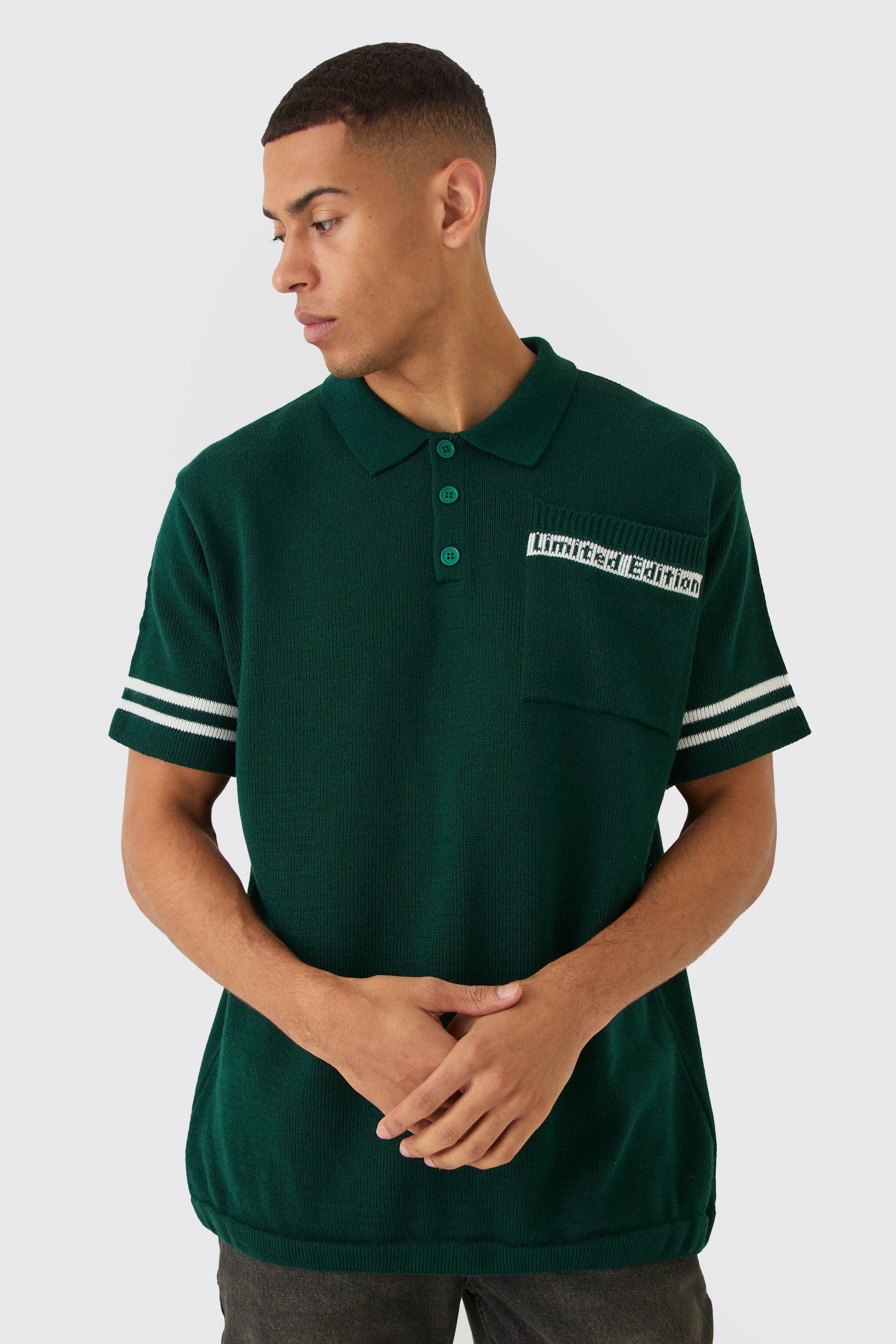 Mens Green Oversized Limited Edition Knitted Polo Shirt, Green Product Image