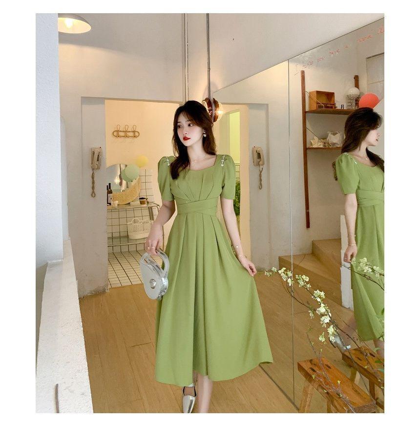 Short-Sleeve Rhinestone Midi A-Line Dress Product Image