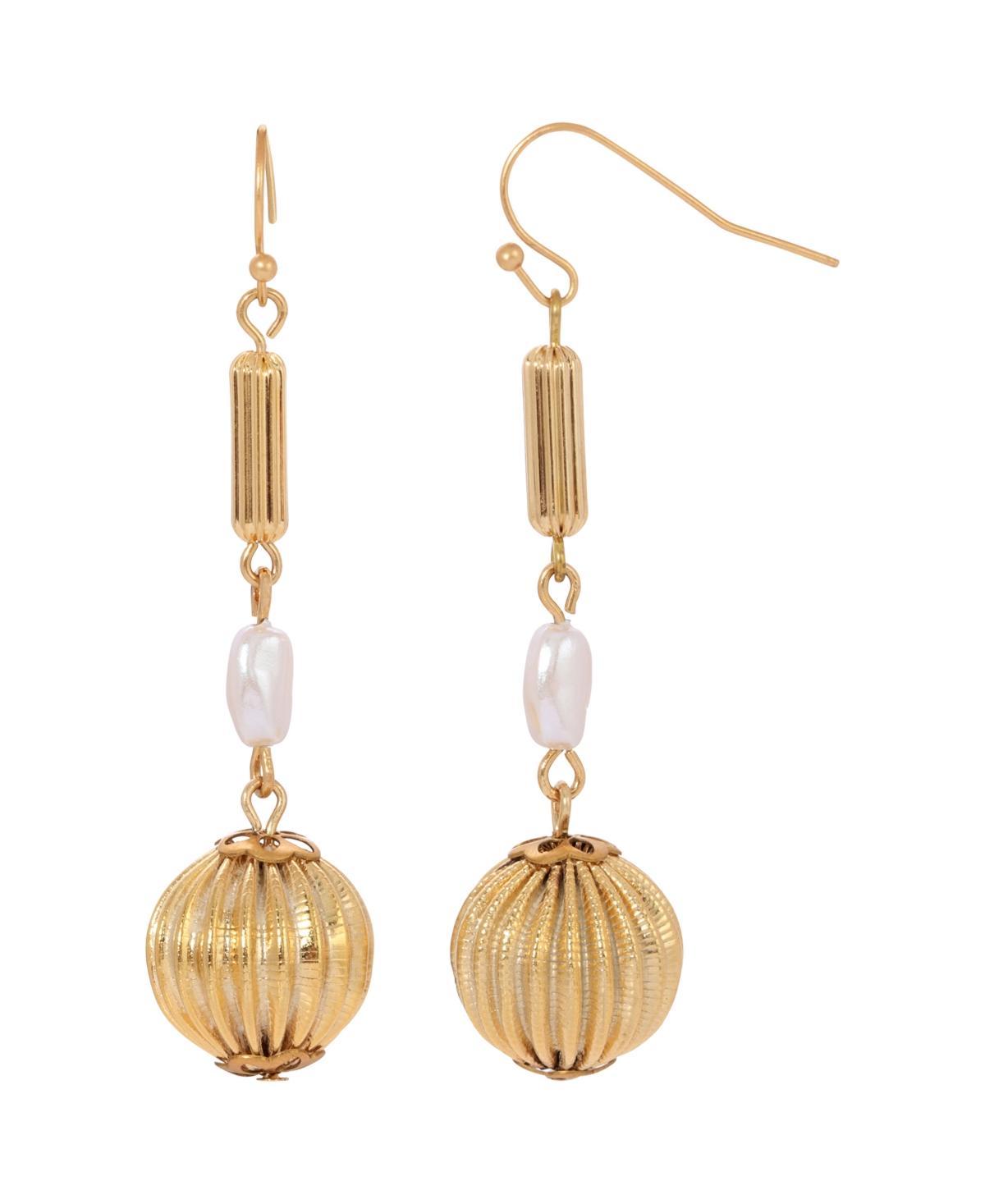 1928 Gold Tone Round Fluted Bead With Rice Shaped White Simulated Pearl Earrings, Womens Product Image