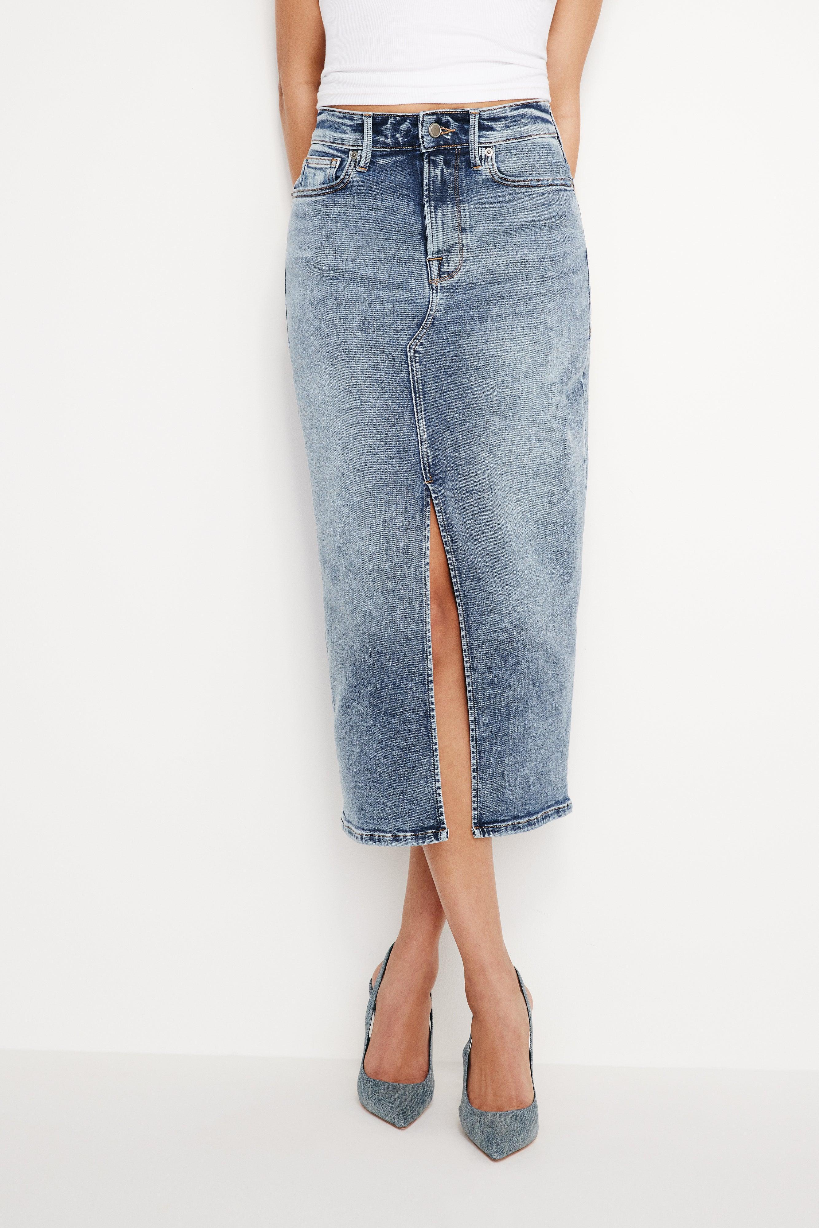 DENIM LIGHT COMPRESSION SLIT MIDI SKIRT | INDIGO734 Product Image