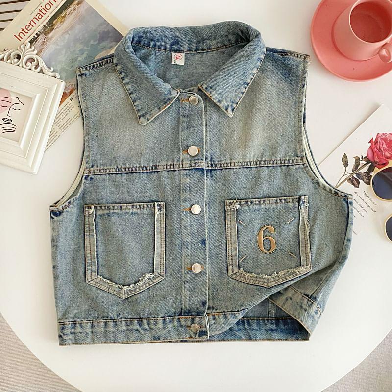 Sleeveless Collared Washed Denim Cropped Vest Product Image