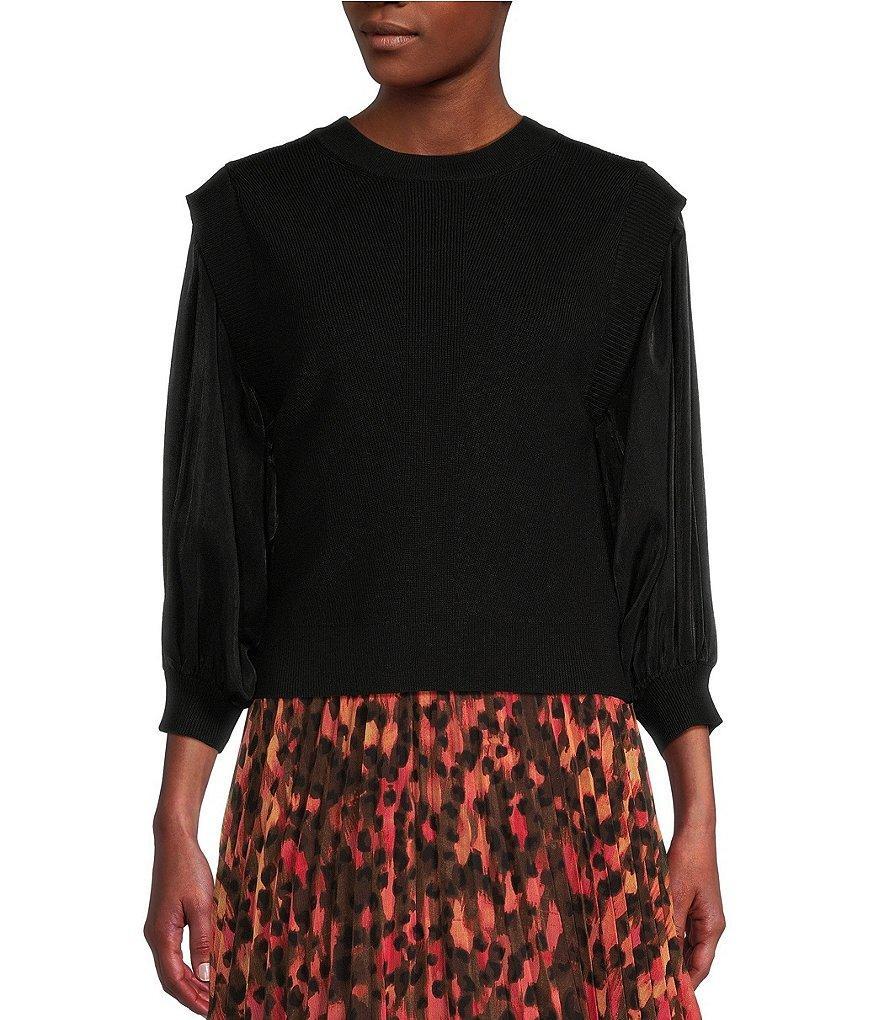 DKNY by Donna Karan Mixed Media 3/4 Sleeve Crew Neck Knit Top Product Image