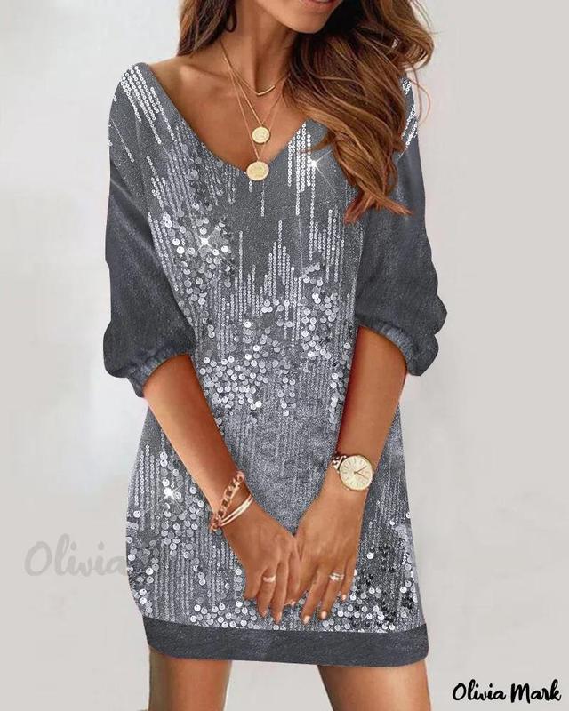 Olivia Mark – Chic Velvet V-Neck Casual Dress with Stunning Contrast Sequin Embellishments Product Image