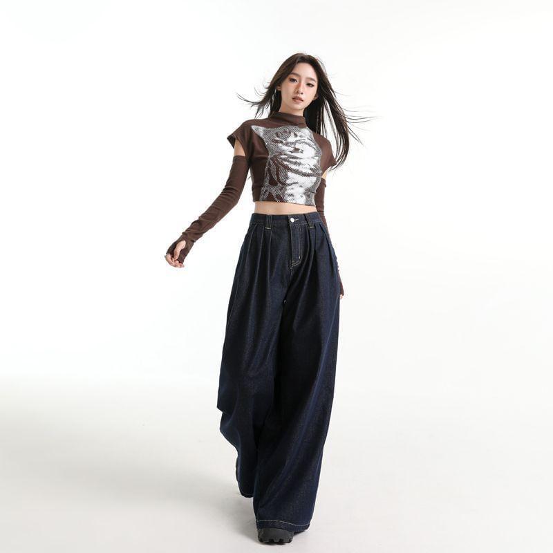 High Waist Plain Wide Leg Jeans Product Image