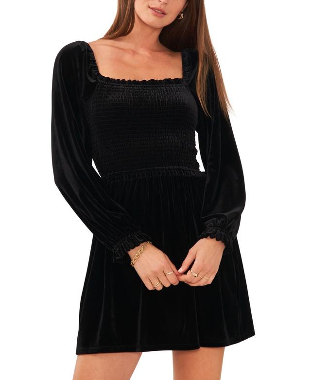 1.state Womens Velvet Smocked Bodice Long Sleeve Dress Product Image