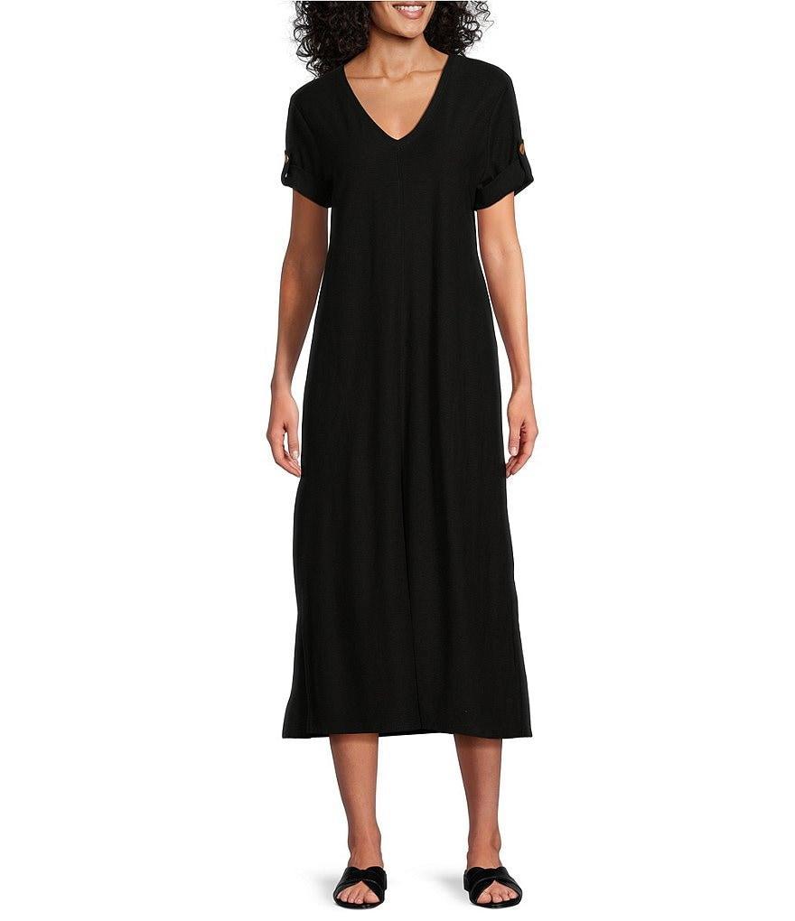 Westbound Short Roll-Tab Sleeve V-Neck Shift Midi Dress Product Image