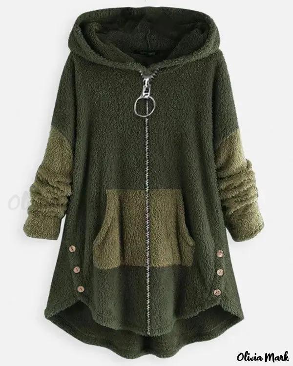 Olivia Mark – Long Sleeve Patchwork Hooded Zip Teddy Coat Product Image