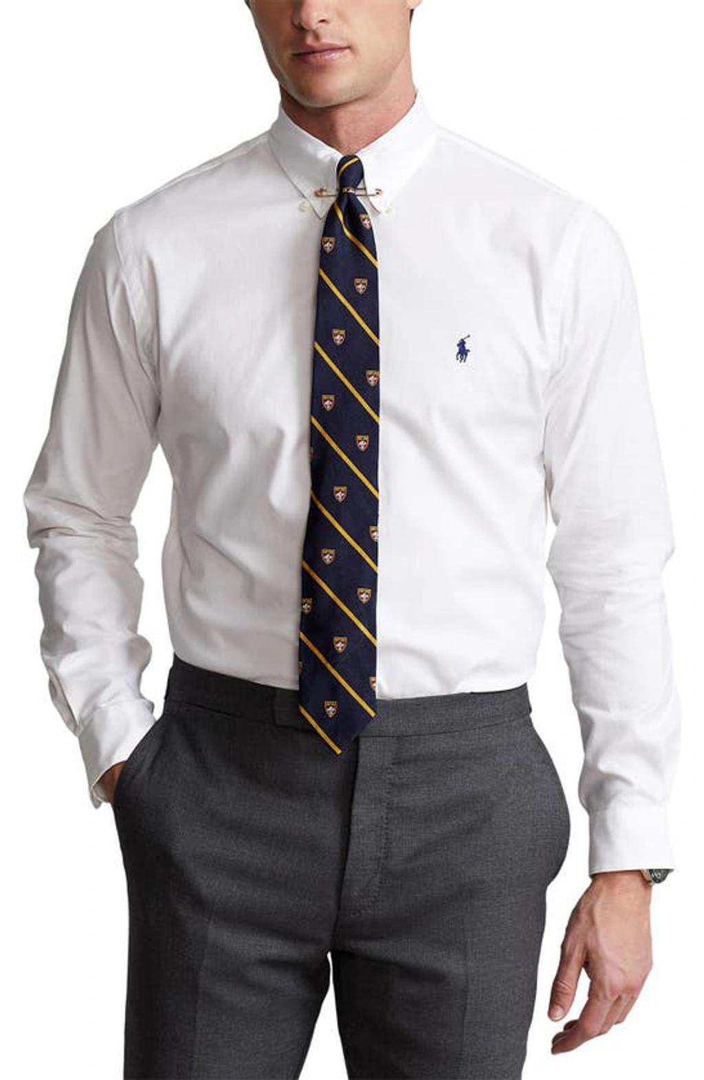 Classic Fit Long Sleeve Cotton Oxford Button Down Shirt In White/dark Blue Product Image