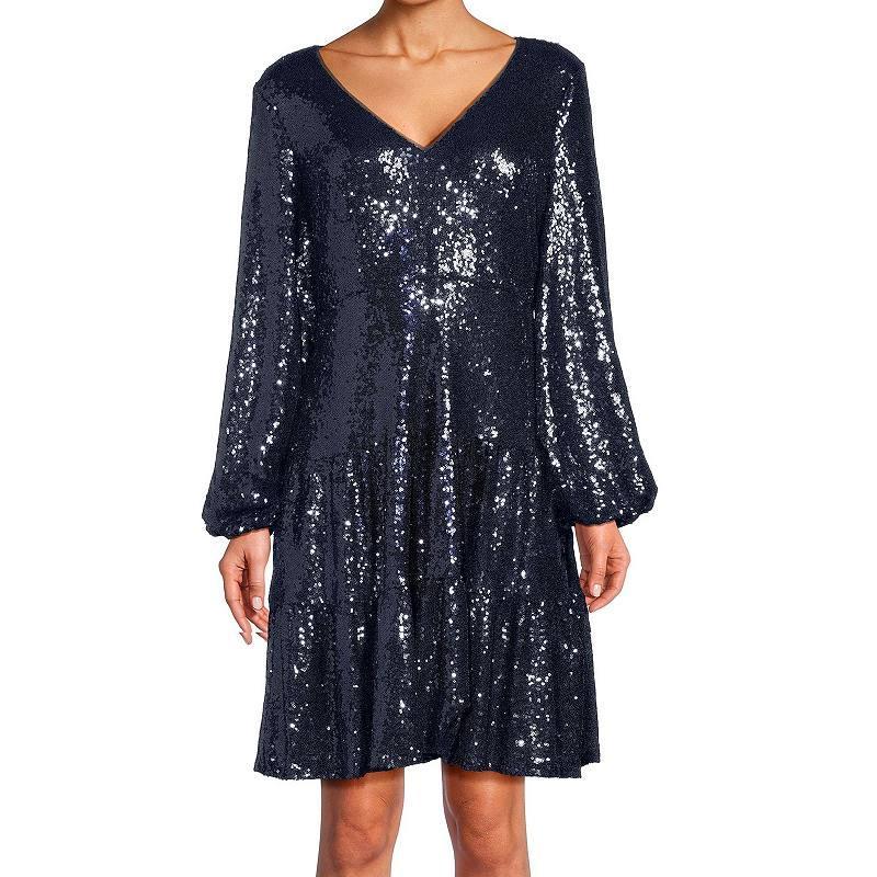 Womens Focus By Shani Fit & Flare V-Neck Sequin Dress Blue Product Image